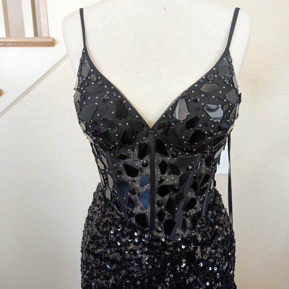 Black Sequined Mirror Corset Formal Prom Evening Dress 2 - Picture 5 of 6